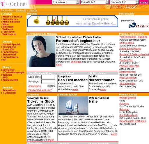 Bild zu OTS - Der österreichische Internet Service Provider
T-Online.at erweitert sein Portal-Angebot um eine
Online-Partnervermittlung. Aktuell zu Herbstbeginn bietet
T-Online.at in Zusammenarbeit mit dem Partner Parship.de ein Online
Service für die seriöse und einfache Partnersuche.
