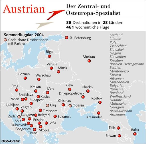 Vorschau Bild von Austrian Airlines Group Streckennetz von und nach
Zentral- und Osteuropa