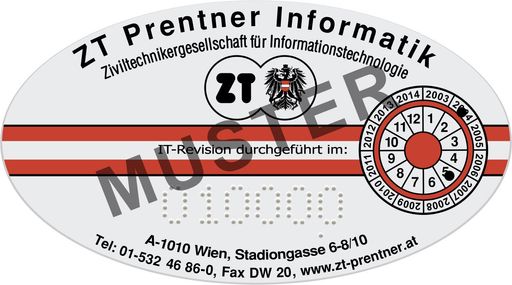 Die von der ZT Prentner Informatik GmbH vergebene und
staatlich anerkannte IT-Revisionsprüfplakette bestätigt die
erfolgreiche Durchführung der IT-Revision und ist ein Beleg für die
Sicherheit und Funktionsfähigkeit der IT-Systeme