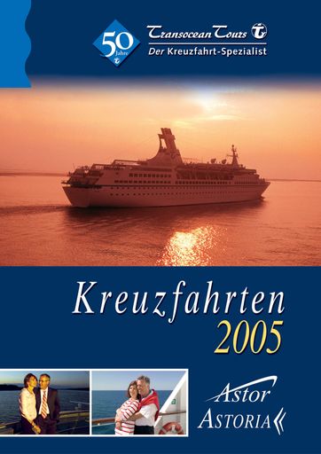  Zum 50-jährigen Jubiläum hat der
Kreuzfahrt-Spezialist Transocean Tours jetzt das umfangreichste
Programm der Firmengeschichte aufgelegt: Auf 278 Seiten kreuzen die
»Astor« und »Astoria« auch im Jahr 2005 auf neu gestalteten Routen.
Die Bandbreite reicht von der Schnupper-Kreuzfahrt bis zur
148-tägigen Weltreise der »Astor«.