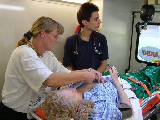 ARBÖ-Mitarbeiter und Notfallsanitäter Gerald
Schneider, Notärztin Dr. Elisabeth Stadter-Halmer sowie die
Patientin Erna K.