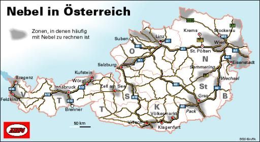 Vorschau Bild von Karte Österreich mit Straßennetz und Gebieten, in
denen häufig mit Nebel zu rechnen ist. GRAFIK 0078-0109C-ARBOE.fh8,
Format 200 x 109 mm