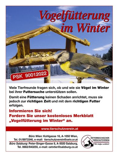 Für unsere heimischen Vögel bricht wieder eine harte
Zeit heran. Der Winter steht vor der Tür und das Nahrungsangebot
wird knapp. Gerade für kranke und schwache Tiere bedeutet dies
einen Kampf ums Überleben.