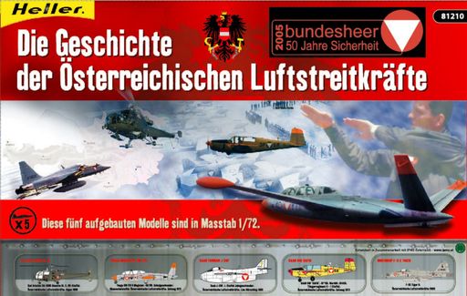 Zum 50 Jahr Jubiläum des Österreichischen
Bundesheeres bringt Heller einen Modellbausatz mit 5 Flugmodellen
des Österreichischen Bundesheeres im Massstab 1 : 72.