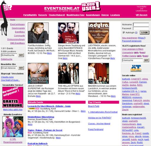 Nicht ohne Stolz kann das Veranstaltungsmagazin
http://www.eventszene.at seit seinem virtuellen Stapellauf vor 5
Monaten bereits auf 10.000 registrierte Benutzer verweisen.