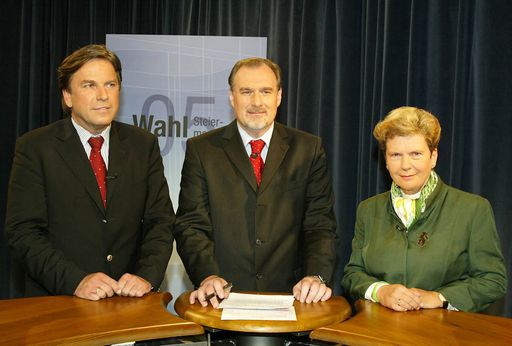 Vorschau Bild von ORF Steiermark: TV-Konfrontation; v.l.n.r.: Franz Voves (SPÖ),
Gerhard Koch, Waltraud Klasnic (ÖVP)