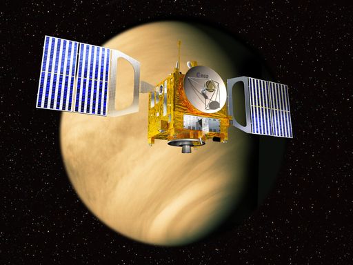  Im April 2006 kommt die 1,2 t ESA-Sonde Venus Express
an und wird die Venus, den zweitgrößten Planeten des inneren
Sonnensystems, für zunächst zwei Venustage (486 Erdtage) aus dem
Orbit erkunden.