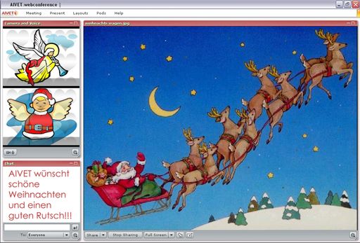 Zum diesjährigen Weihnachtsfest hat sich das
Unternehmen AIVET ein ganz spezielles Weihnachtspräsent ausgedacht:
Die ersten 60 InteressentInnen werden per Mouse-click zu
TeilnehmerInnen an einer der drei GRATIS-AIVET.webconference
Sessions (GRATIS-Anmeldung unter www.aivet.at/events).