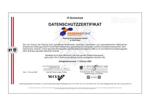 Vorschau Bild von Musterzertifikat des an die Peering Point GmbH. verliehenen staatlich anerkannten Datenschutzzertifikats