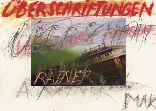  Plakatentwurf 2006 Zeichenkarton, Fotografie, Graphit, Tusche, Ölkreide - Entwurf des Ausstellungsplakats "Rainer, sonst keiner! Überschriftungen"
Leihgabe Arnulf Rainer