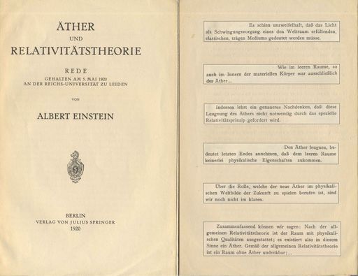Vorschau Bild von Broschüre zu Einstein-Rede von Springer-Verlag von 1920 mit entsprechenden Zitaten