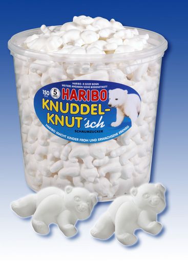 HARIBO "Knuddel-Knut'sch". Ein Schaumzuckerprodukt mit Himbeergeschmack.