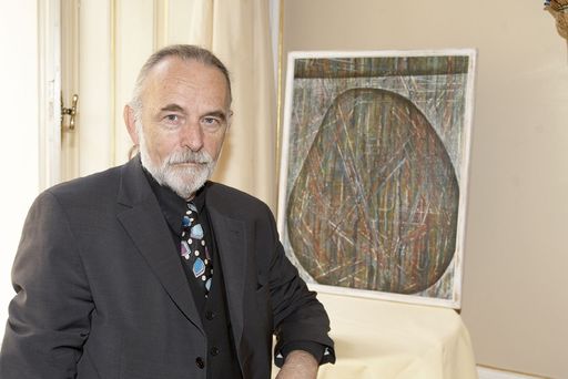  Special Guest Artist Wolfgang Denk mit seinem Bild "Head down", 2003, Mischtechnik auf Leinwand, 50 x 70 cm.