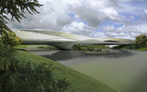 Vorschau Bild von Die Brücke öffnet sich zum ausstellungsseitigen Ufer im Stil einer Gladiolenblüte.
