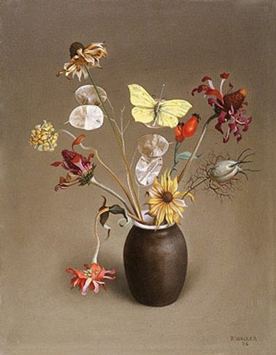 Vorschau Bild von WACKER, Rudolf 1893 - 1939
Herbststräusschen mit Zitronenfalter 1936
Euro 20.000 - 30.000
Mischtechnik auf Holz
32,5 x 26 cm
Signiert, datiert rechts unten:
R.WACKER 36
Rückseitig bezeichnet
B 26 H 32 1/2 / RUDOLFWACKER / Bregenz / 1936
"Sträusschen mit Zitronenfalter"
