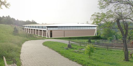 So wird die Therapie-Reithalle für den Sterntalerhof aussehen. Außenansicht der Therapiereithalle des jungen Generalplaner-Teams Strauß/Ronach