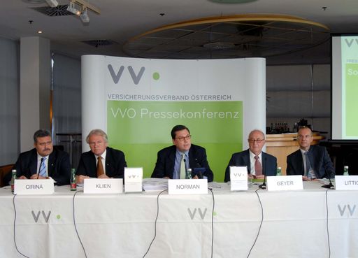 Während noch über eine Finanzierbarkeit eines staatlichen Pflegemodells diskutiert wird, bietet die private Versicherungswirtschaft bereits ergänzende Pflegevorsorge in  unterschiedlichen Varianten an. Das Bewusstsein der Bevölkerung für das Pflegerisiko ist noch gering, die demografische Entwicklung lässt aber ein drastisches Ansteigen der Pflegefälle bis 2030 vermuten. Wer heute in seine Zukunft investieren möchte, sollte neben der Altersvorsorge auch an die Absicherung der Pflege denken. Im Bild v.l.n.r: Dr. Luciano Cirina (VVO), Dr. Konstantin Klien (VVO), Dr. Louis Norman - Audenhove (Generalsekretär VVO), Dr. Günter Geyer (VVO) und Dr. Wolfram Littich (VVO)