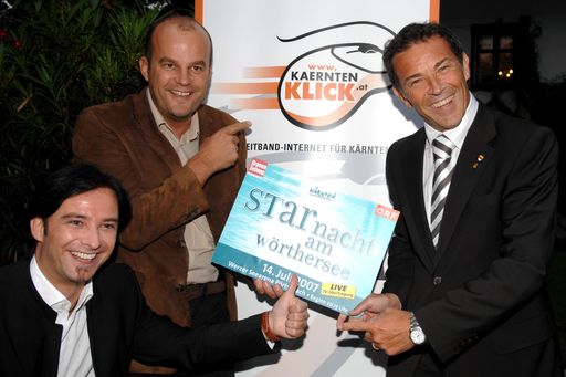 Freuen sich auf die "Starnacht am Wörthersee": Landeshauptmann Dr. Jörg Haider, der die Breitbandinitiative Kärnten ins Leben gerufen hat, mit Starnacht-Chef Martin Ramusch und Moderator Marco Ventre. (v.r.)