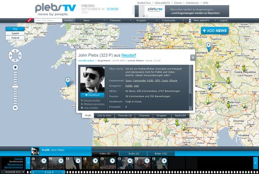  www.plebsTV.com: plebsTV - news by people - plebsTV will Menschen motivieren, ihre persönlichen und aktuellen Beobachtungen, ihre Erlebnisse und Erfahrungen aus dem unmittelbaren Umfeld anderen mitzuteilen. Gleichzeitig will plebsTV Menschen erreichen, die auf der Suche nach persönlich relevanten und aktuellen sowie authentischen und konkret lokalisierbaren Nachrichten und Informationen sind.