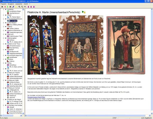 Vorschau Bild von Im Bild: Muster-Sceenshot des Kulturatlas in Verwendung, links das permanent angezeigte Inhaltsverzeichnis, rechts die Seiten mit Bildern, Karten usw. Oben die Bedienleiste mit Steuerungsknöpfen zum Blättern im Atlas und praktischer Suchfunktion