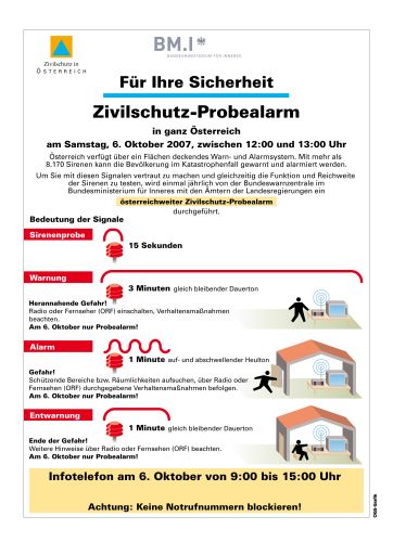 Vorschau Bild von Grafik zu OTS -
Factbox zu Bedeutung der Sirenenzeichen und Verhaltenstipps, Factbox zu Probealarm am 6. Oktober
Auftraggeber: BMI
GRAFIK 0029-0706-Alarm.fh8, Format 184 x 261 mm
