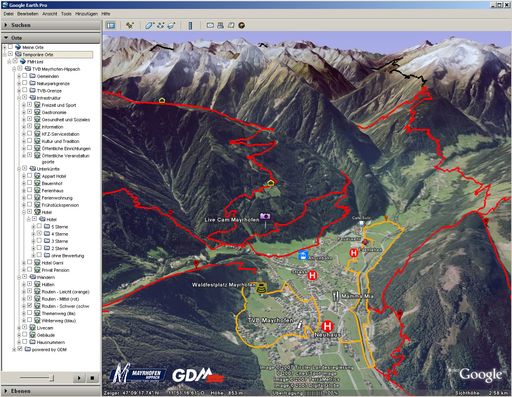 Der Ferienregion Mayrhofen/Hippach gelingt in Zusammenarbeit mit der Firma Geo Daten Management (GDM) - Dipl.-Ing. Heinz Ebenbichler die sensationelle und in Österreich einmalige Vernetzung der erfolgreichen interaktiven Orts- bzw Wanderkarte mit "GOOGLE EARTH"!