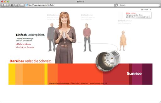 Vorschau Bild von bus screenshots: Die von der Multichannelagentur spielplatz.cc kreierte innovative Online-Kampagne des Schweizer Telekommunikationsunternehmens Sunrise verbuchte bereits zwei Wochen nach dem Start über 100.000 Userzugriffe sowie eine Verdoppelung der Verkäufe im Online Shop.
