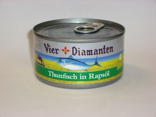 Vorschau Bild von Qualität, Gesundheit und Preis sind wichtige Faktoren für Thunfischprodukte von "Vier Diamanten". Deshalb kombiniert "Vier Diamanten" das 100 %-ige reine und natur belassene Rapso(R) Rapsöl mit dem besten ausgesuchten Rückenfilets vom Skipjack  Thunfisch.