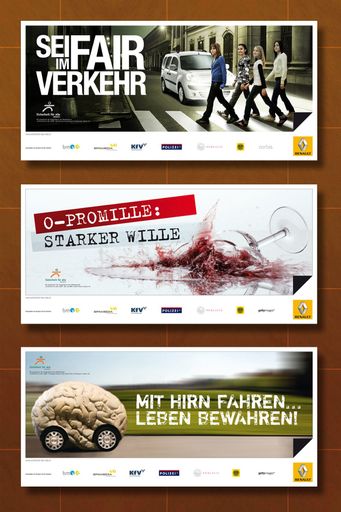 Von oben nach unten: Sporthauptschule Bregenz-Vorkloster, Lehrer Oliver Dünser, Klasse 3A, Slogan: Sei fair im Verkehr; BG & BRG Villach, Lehrer Mag. Franz Sattlegger, Klasse 4E, Slogan: 0-Promille: Starker Wille; Privat Gymnasium/RG Sacré Coeur Pressbaum, Lehrerin Mag. Christina Frand, Klasse 4B, Slogan: Mit Hirn fahren.... Leben bewahren!