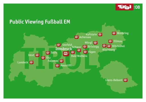 Die offizielle Tirol:08 Karte mit den 20 Public Viewing Standorten in Tirol mit Kapazitäten von über 55.000 Besuchern pro Spieltag bei der Fußball Europameisterschaft.
