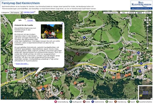Auf der Website des Kärntner Ferienortes Bad Kleinkirchheim finden sie jetzt ein neues Werkzeug für die Suche nach attraktiven Angeboten: Die FamilyMap auf  http://familymap.badkleinkirchheim.at fungiert als interaktiver Ortsplan der Thermengemeinde, mit dessen Hilfe Attraktionen und Ausflugsziele für Familien kinderleicht zu entdecken sind.