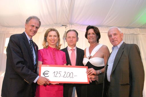 125.200 Euro spielte der 10. Colony Charity Cup für die Österreichische Krebshilfe ein. V.l.n.r.: Krebshilfe-Präsident Paul Sevelda, die Hausherren Eva-Maria und Christian Höfer, Organisatorin Miriam Ainedter und Krebshilfe-Vorstand Renè Alfons Haiden.