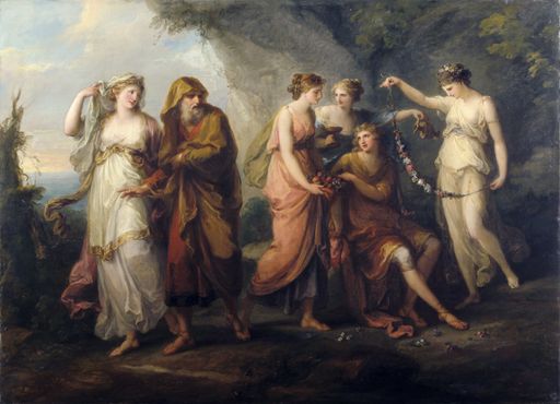  KAUFFMANN, Angelika;  1741 - 1807; Telemach und Mentor auf der Insel der Kalypso   vor 1784;  Euro 150.000 - 200.000; Öl auf Leinwand,81 x 112 cm ;  Das Hauptwerk verbindet edle Anmut der Klassik mit dem Charme des Rokoko.