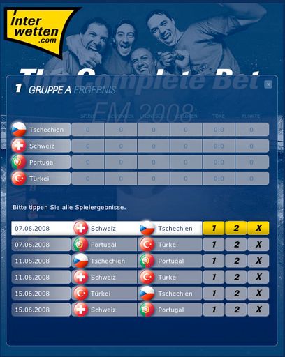 Vorschau Bild von Ob um Geld oder einfach nur zum Spaß. Mit "Complete bet" bei www.interwetten.com alle Spiele tippen und tolle Preise gewinnen. Screenshot: Vorrunden Tippen bei "The Complete Bet"