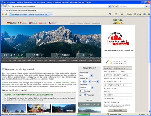  Die neue, attraktive Einstiegsseite des TVB Hochpustertal in Südtirol, das Tor zur Welt.