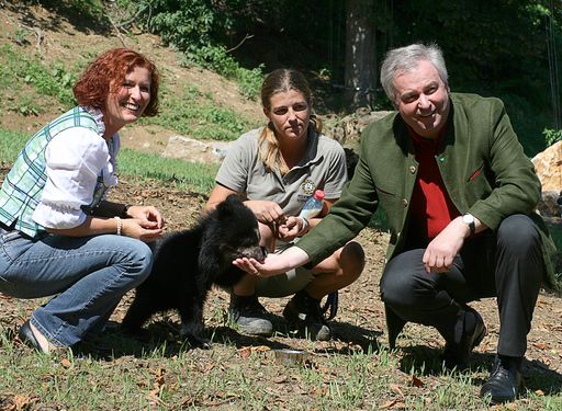  v.l.n.r. GF Doris Wolkner-Steinberger, Tierpflegerin Doris Schmidt und LH-Stv. Hermann Schützenhöfer mit Brillenbär Hubärt im neuen Gehege.