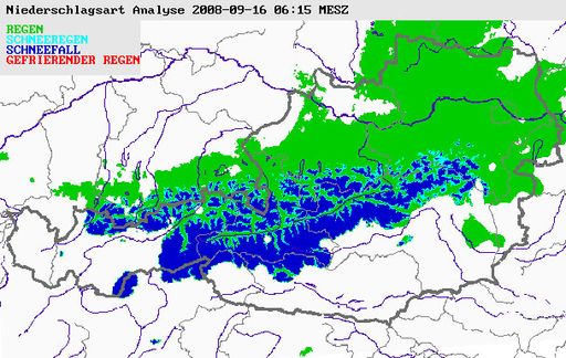 Vorschau Bild von Niederschläge über Österreich, heuer erstmals unterschieden nach Regen, Schneeregen, Schnee und gefrierendem Regen