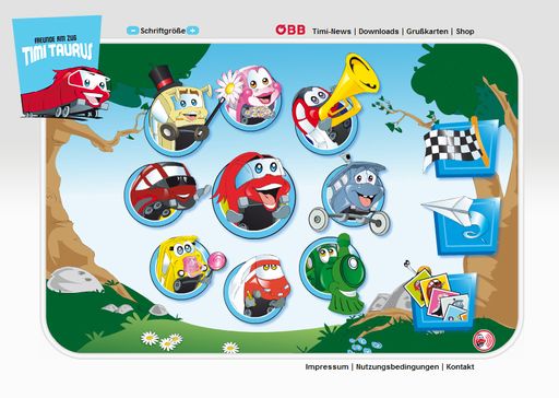  Geburtstagsgeschenk zum Jahrestag von Timi Taurus (ÖBB): Eine bunte Kinderwebsite mit vielen Spielen, Geschichten und eigens komponierten Liedern.
