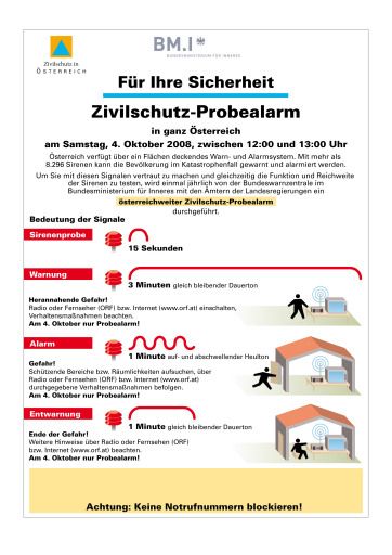 Vorschau Bild von Grafik zu OTS -
Factbox zu Bedeutung der Sirenenzeichen und Verhaltenstipps, Factbox zu Probealarm am 4. Oktober
Auftraggeber: BMI
GRAFIK 0040-0806-Alarm.fh8, Format 184 x 261 mm