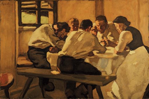 Vorschau Bild von EGGER-LIENZ, Albin 1868 - 1926: Der Mittagstisch, Euro 300.000 - 500.000, Öl auf Karton, 68,3 x 101,3 cm, Signiert links oben: Egger Lienz