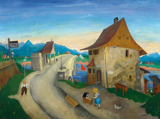  WACKER, Rudolf 1893 - 1939, Bregenzer Achbrücke 1926: Euro 90.000 - 130.000, Öl auf Leinwand, 79 x 106 cm. Eine Landschaft ins Grenzenlose verebend. Humor, Reichtum vielfältiger Lebendigkeit. Gilt als einer der Hauptwerke Wackers aus den Expressionismus in die neue Sachlichkeit.