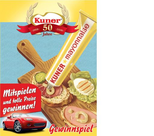  Im Dezember ist es so weit: Die beliebteste Mayonnaise Österreichs feiert runden Geburtstag. Seit 50 Jahren schon findet man Kuner Mayonnaise in Österreichs Supermarktregalen. Das Produkt wurde 1958 gegen Jahresende eingeführt.