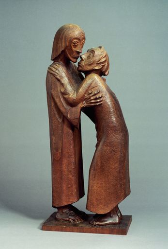  Ernst Barlach, Das Wiedersehen, 1926
(Thomas und Christus)
Holz (Sapeli-Mahagoni), mit getöntem Überzug, 90 x 38 x 25 cm
© Ernst Barlach Haus, Hamburg
