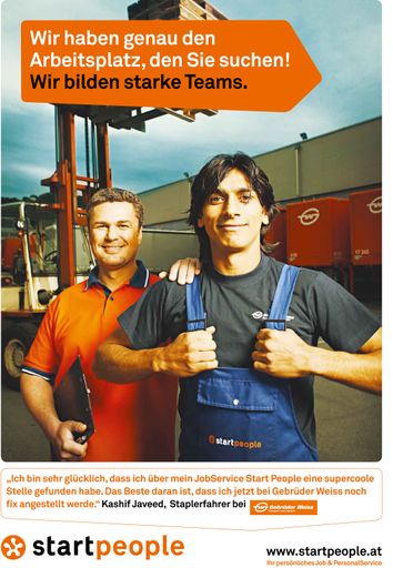 Vorschau Bild von B2C-Sujet der neuen Werbekampagne von USG People Austria ("Wir haben genau den Arbeitsplatz, den Sie suchen! Wir bilden starke Teams.")