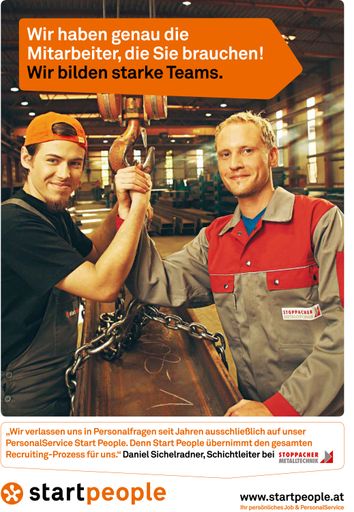 Vorschau Bild von B2B-Sujet der neuen Werbekampagne von USG People Austria: "Wir haben genau die Mitarbeiter, die Sie brauchen! Wir bilden starke Teams."