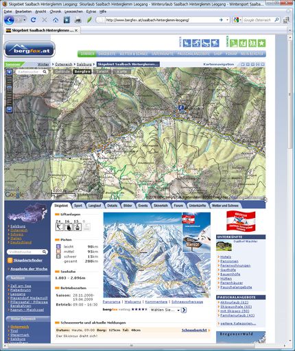 Vorschau Bild von "Bergfex-Ansicht"
Die neuentwickelte Kartendarstellung bietet dem Besucher einen ausgezeichneten Überblick über die jeweilige Destination. Die Kartenansicht kann auf allen Seiten rechts/oben über ein Pfeilsymbol eingeblendet werden. Gleich daneben befinden sich auch die Navigationselemente (Ausschnitt vergrößern/verkleinern/schließen). Mit gedrückter linker Maustaste lässt sich die Karte verschieben.