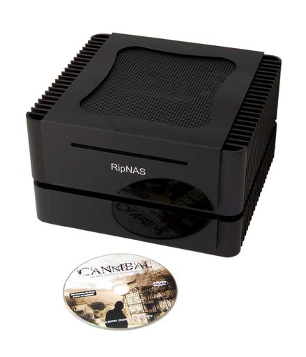 Vorschau Bild von RipNAS in schwarz hochglänzent mit schwarz gebürstetem Aluminium, erweitert um Storagebox im gleichen Design mit 2 TB Speicher