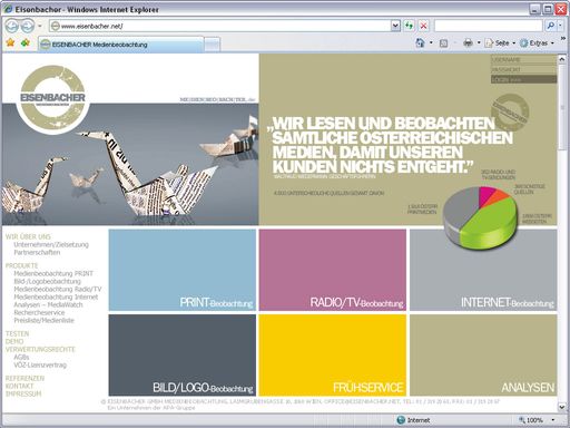  Die neue Website www.eisenbacher.net zeigt den bewährten Eisenbacher-Service in Kombination mit neuen, sinnvollen Modernisierungen. Klar aufgeschlüsselt sind die einzelnen Produkte sofort auf der Startseite dargestellt.
