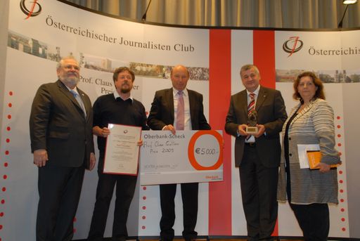  v.l.n.r.: Fred Turnheim, ÖJC-Präsident; Karl Prossliner, Gatterer-Preisträger 2009; Fritz Egarterm, Bürgermeister von Sexten; Dr. Florian Mussner, Landesrat Südtirol; Elisabeth Gardavsky, ÖJC-Vizepräsidentin