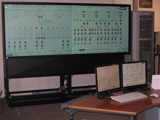 Vorschau Bild von Die von BEA Electrics gelieferte neue Visualisierungsanlage erfasst Schaltzustände und elektrische Leistungsdaten bis zur Warnung vor Stromausfällen und ermöglicht die Kontrolle am Bildschirm. Mittels Online-Visualisierung können nun die ORF-Techniker den Leistungsbedarf der elektrischen Anlagen noch genauer erfassen, optimieren und auf Störungen schneller reagieren bzw. durch Früherkennung ggf. bereits vor einem Störfall eingreifen.